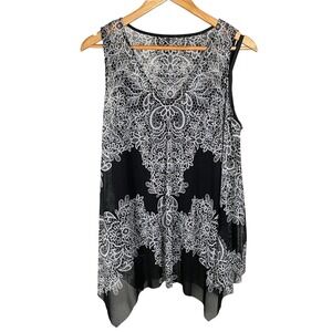 INC International Concepts Black & White Lace Sleeveless Tank Top Flowy Size L
